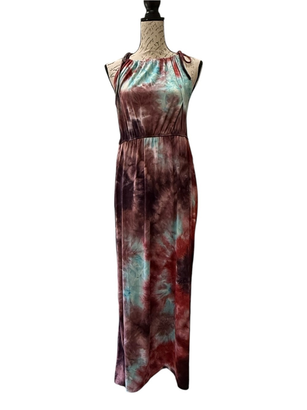 Earthbound Tie-Dye Sleeveless Maxi Dress in Burgundy & Teal Size Large